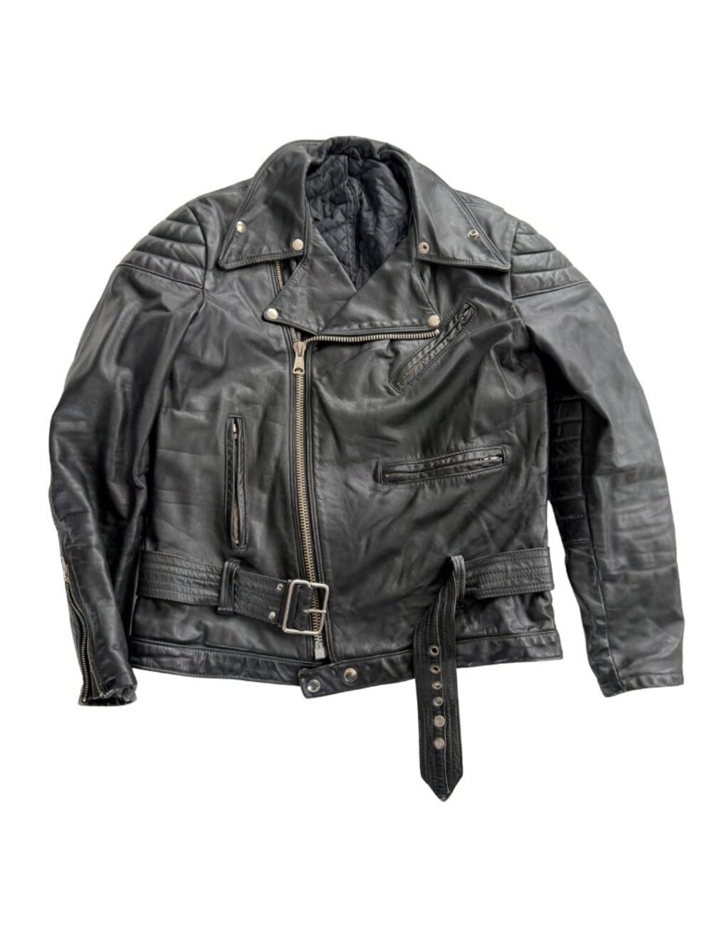 Taurus by Drospo Vintage Black Heavyweight Leather Moto Biker Jacket Belted